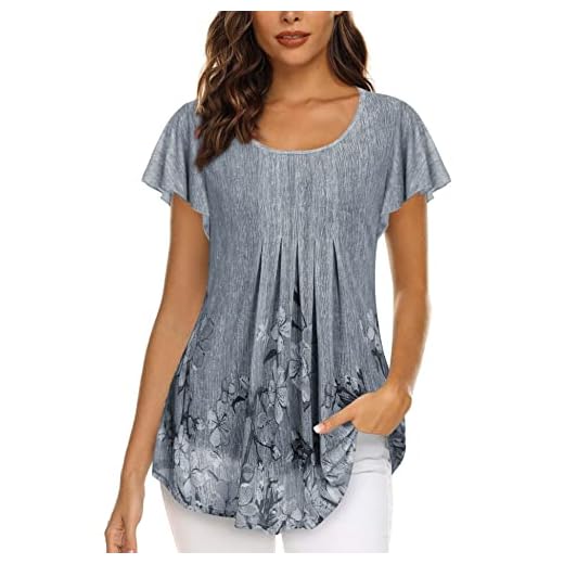 Timeson Tunic Tops To Wear With Leggings,Womens Blouses and Tops Dressy Women's Business Casual Flowy Tops Ruffles Sleeve Floral Swing Long Office Shirts Ladies Work Spring Clothes Blue Gray L