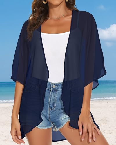 Womens Kimono Cardigans Beach Cover ups Swimwear Puff Sleeve Loose Casual Summer Tops (Dark Blue,L) - Thumbnail 5