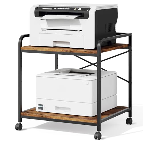 Warmiehomy 2 Tier Printer Stand with Storage, 22 Inches(55cm x 50cm) Under Desk Rolling Printer Cart with Height Adjustable Shelf, Large Printer Table for Home Office, Rustic Brown