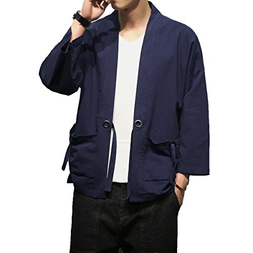 Men\'s Cotton Blends Linen Open Front Cardigan Embroidery Kimono Jackets