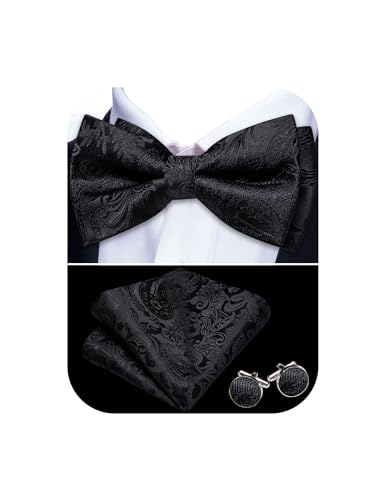 Image of Barry.Wang Paisley Striped Bow Tie for Men Silk Pre-Tied Bowtie Pocket Square Cufflinks Set Formal Wedding Party Prom