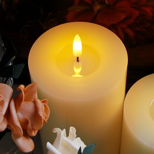 Image of Flameless Flickering 4 inch x6 inch Real Wax Ivory Remote Candles with Candle Grease, Pack of 2 Timer LED Battery Operated Fake Warm Light Pillar Candles for Home, Banquet, Ceremony Decoration