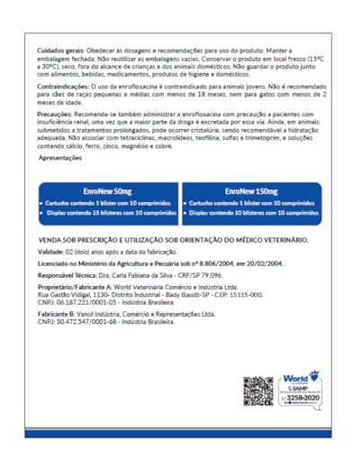 Enronew 50mg - Enrofloxacino Para Cães e Gatos - Antibiótico Veterinário Eficaz Contra Infecções Bac
