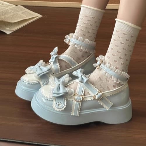 Cute Mary Jane Shoes for Women Round Toe Chunky Platform Cross Strap Ribbon Bow Lace Bunny Leather Lolita Kawaii Aesthetic4