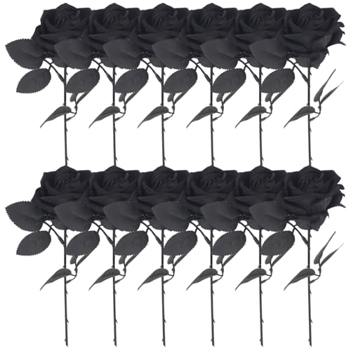 Liummrcy 12 Piezas de Rosas Negras Flores Artificiales 20 Pulgadas de Seda Larga Halloween Flores con Hojas Rosas góticas para la Fiesta de Bodas en casa
