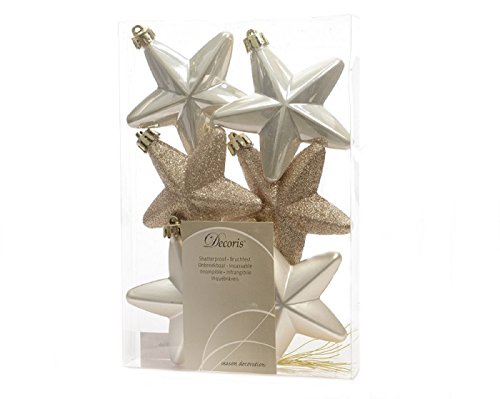 Christbaumschmuck Sterne Kunststoff 7,5cm x 6 Stück Anhänger matt, glänzend und Glitzer Champagner