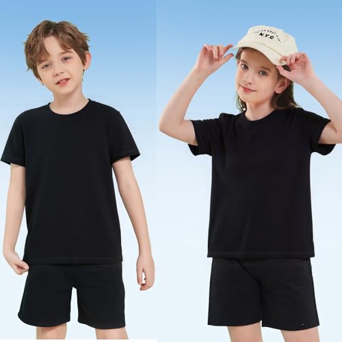 T-Shirt Mädchen Sommer Kurzarm Baumwolle Kinder Tshirts Einfarbige Rundhals Tees Oberteile Casual Sport Tops für 7-14 Jahre (DE/NL/SE/PL, Numerisch, 140, Regular, Schwarz)