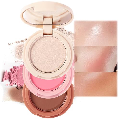3 Color Face Blush Palette with Peach Blusher - Shimmering Powder Blush, Buildable Pressed Powder for Highlighter and Contour, Lightweight Natural Finish