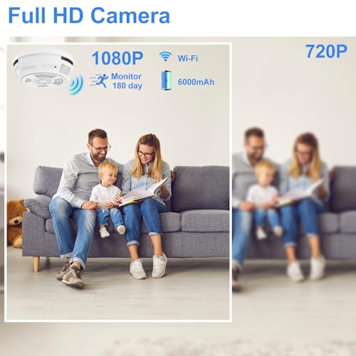 NUNET Dummy Smoke Detector Camera Wireless WiFi, Security Cams with Cell Phone App, Night Vision, Motion Detection, 180 Days Standby Battery, Sideways Lens for Home/Office