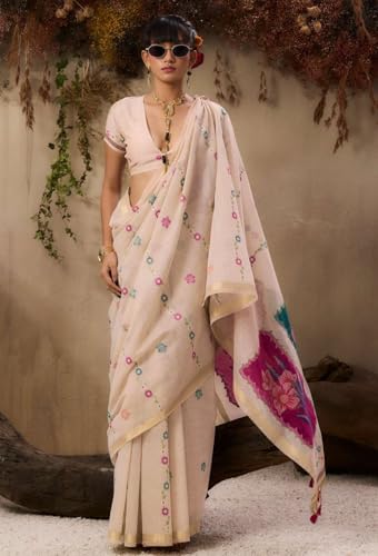 Image of SGF11 Women's Soft Cotton Linen Silk Saree With Unstitched Blouse Piece