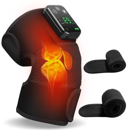 Cordless Knee Massager with Heat and Vibration for Pain Relief - Electric Heated Knee Brace Wrap with 3 Heat Levels & 3 Massage Modes, Portable Arthritis Joint Therapy for Men & Women (Black, Single)