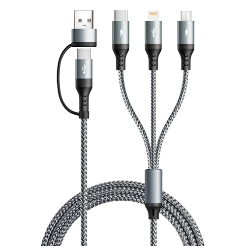 UZAHSK 5-in-1-Multiladekabel mit Datenübertragung [3 A, 1,2 m] Nylon-Multiladekabel, USB-A/C-Ladekabel mit Micro-/Typ-C-/Lightning-Anschluss für iPhone-Serie/Samsung/Tablets/PS und mehr
