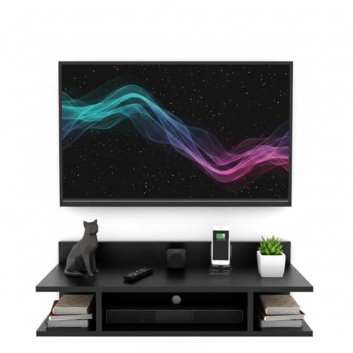Image of Engineered Wood Set Top Box Stand | Wall Mounted TV Unit Shelf for Router, WiFi, DVD, Gaming Console | Sturdy & Space Saving TV Accessory Organizer (Brown, 50 x 20 x 15 cm) (Black)