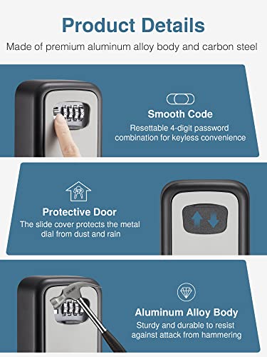 Puroma Security Key Lock Box, 4-Digit Combination Waterproof Portable Key Storage Lockbox Wall Mount 5 Key Large Capacity For House Key, Special Car Key, Id Card (Black & Gray) #TOP3