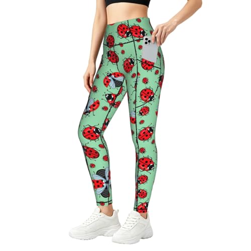Leggings de mariquitas rojas mallas de alta compresión azul para fitness estampado de moda mujer