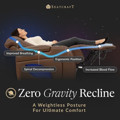 Image of Seatcraft Virtuoso LT Tobacco Italian Leather Home Theater Seating, Zero Gravity Power Recliner, Powered Headrest and Lumbar Gaming and Home Office Chair, Heat and Massage Lounge Sofa, Single Recliner