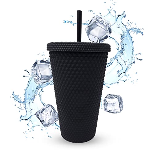 Nadia's Little Treasures Studded Tumbler Straw Lid - Plastic Double Walled Cold Cup for iced Coffee, Water, Slush or Smoothies, Your Home Cinema Cup (Matte Black 16OZ / 450ml)