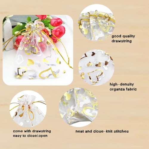 Image of 100 Pack 3.5 x 4.7 Inch Organza Jewelry Gift Pouch B921, White Gold Heart | Candy Pouch, Drawstring, Wedding Favor Bags