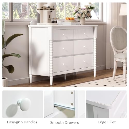 Image of JOINICE White Nursery Dresser for Kids Bedroom, 6 Drawers for Storage | Jenny Lind Spindle Legs Dresser, Baby Clothes Organizer for Toddlers, Children's Room, Anti-tip Kit for Safety