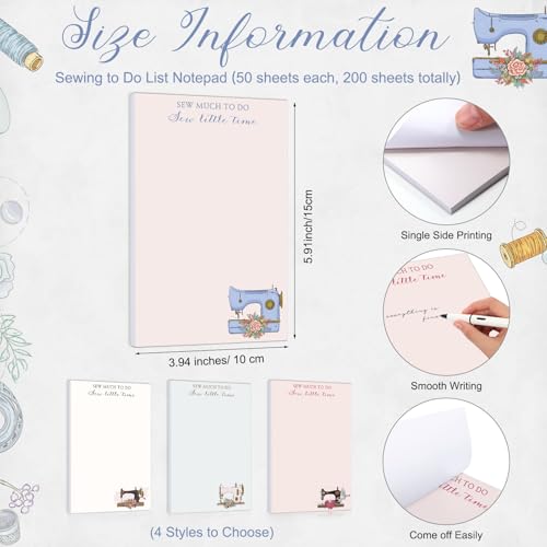 Image of Tinlade 200 Sheet 4 Styles Sewing Gifts to Do List Notepad Quilters Gift Sewing Lovers Gifts Checklist Quilting Gift for Women Sewers Seamstresses Enthusiast Birthday Graduation Supplies, 4'' x 6''