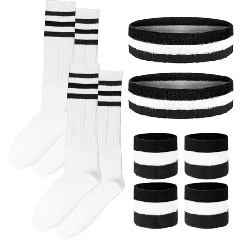 Image of 10 Pieces Striped Sweatbands and Striped Socks Set Headbands Wrist Sweat Bands for Men and Women Sports 80s 90s Fitness