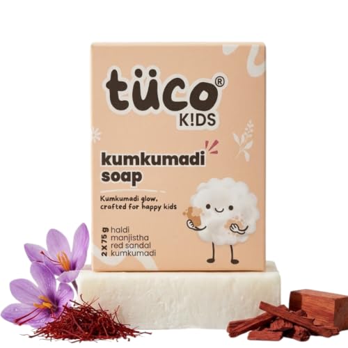 Image of Tuco Kids Kumkumadi Soap Pack of 2x75g Each | Ayurvedic Bathing Bar with Manjistha, Red Sandalwood & Haldi | Dermatologically Tested | Paraben, SLS & Phthalate Free | Kids Soap | 3-12 Years