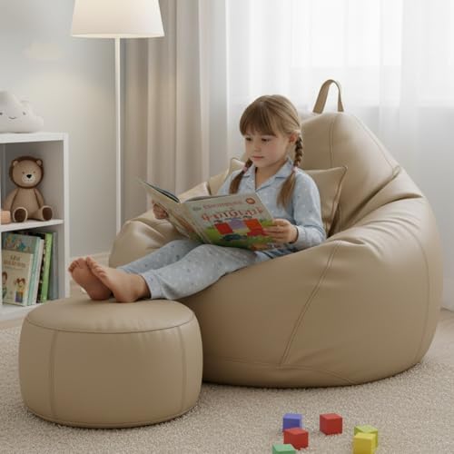 Image of KAM'S LIEU 5XL Bean Bag Combo with Footrest & Cushion | Filled with High Density EPS Beans | Comfortable Sofa for Living Room & Bedroom | 6 Months Warranty, Color- (Cream, 5XL, Classic)