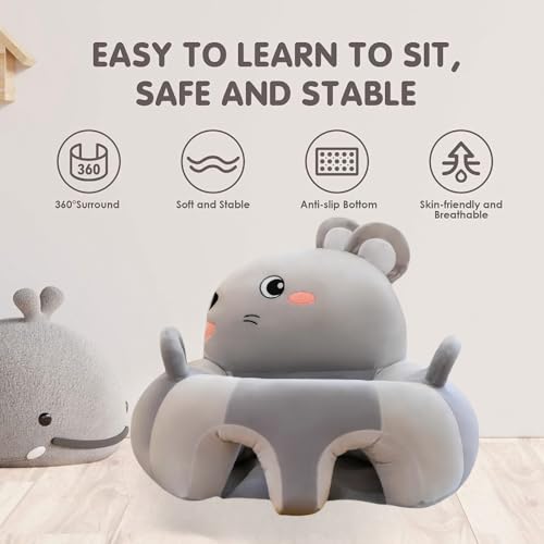 Baby Support Seat Sofa Cartoon Infant Sofa Cute Learning Sitting Chairs Baby Sit Up Chair Back Head Protector Baby Bouncer Infants Floor Seats (Grey)
