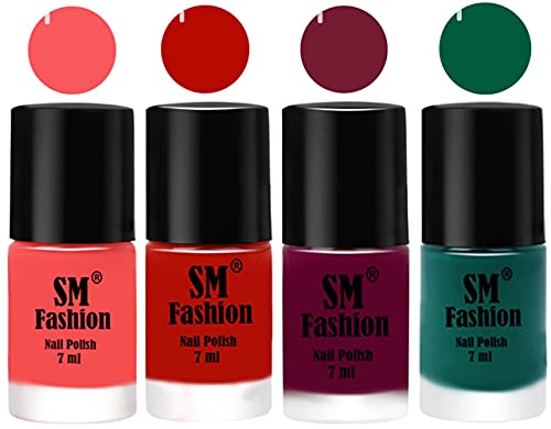 Image of Nail Polish Combo Set (Pack of 4) Quick Dry Gel Finish Nail Paint | Light Pink,Red Orange,Mulberry,Green | 7 ml Each