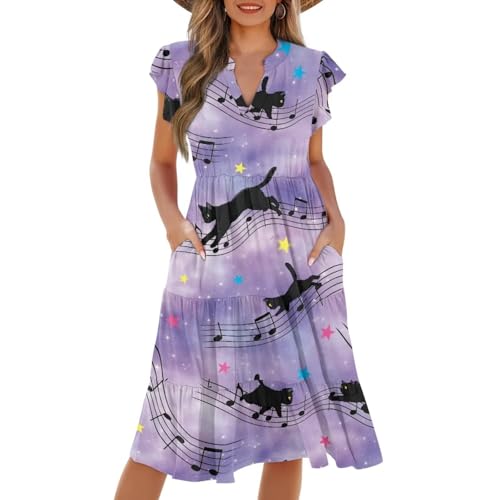 Image of Women's Casual Ruffle Sleeve Dress V Neck Pullover Dress Flowy A-Line Pleated Lightweight Dress with Pockets
