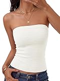 ZESICA Womens Summer Strapless Tube Tops 2026 Ribbed Knit Bandeau Crop Sweater Top Slim Fit Ruched Beach Vacation Outfits,White,Medium