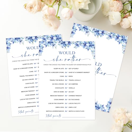 Image of Would She Rather Bridal Shower Games, 25 Blue Floral Wedding Shower Game Cards Set, Engagement Party Game for Guests, Wedding Games for Reception, Minimalist Marriage Party Supplies-01