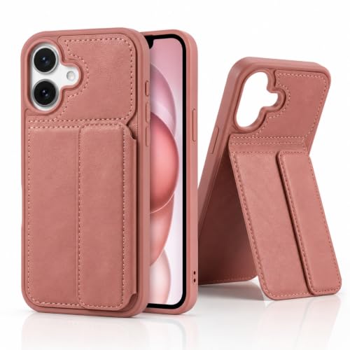 Image of amazon basics Luxury Vegan Leather Back Cover for iPhone 16 | Built-in Card Holder Slot | Integrated Mobile Stand | Slim Shockproof Protective Case with Stitched Finish - Pink