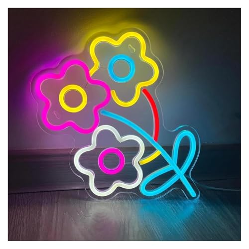 HUANTY Decoración de Fiesta con Letrero de neón Letrero De Neón con Forma De Flor, Luz De Neón, Luces Nocturnas USB, Letras Luminosas para Pared, Sala De Juegos, Bar, Fiesta 33x22cm