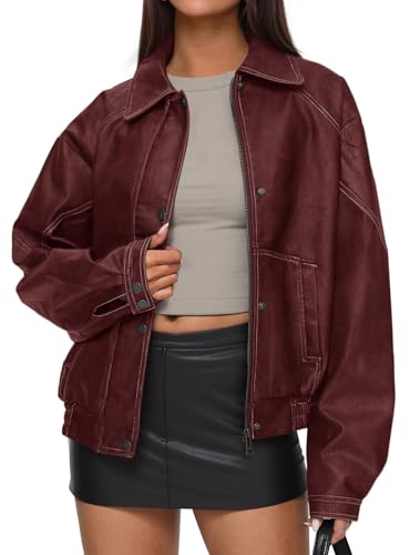 PRETTYGARDEN Faux Leather Jacket Women Bomber Motorcycle Zip Up Jackets Oversized Fall Fashion Outfits 2025 Winter Coats (Wine Red,Medium)