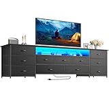 Huuger 78.7 Inch TV Stand for 75, 80 Inch TV, 11 Drawer Long Dresser with Power Outlets and LED Lights, Entertainment Center with Storage, Black Dresser with PU Leather Surface