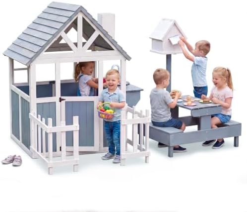 Wooden Kids Playhouse, Outdoor Playhouse for Kids Ages 3+, Backya...