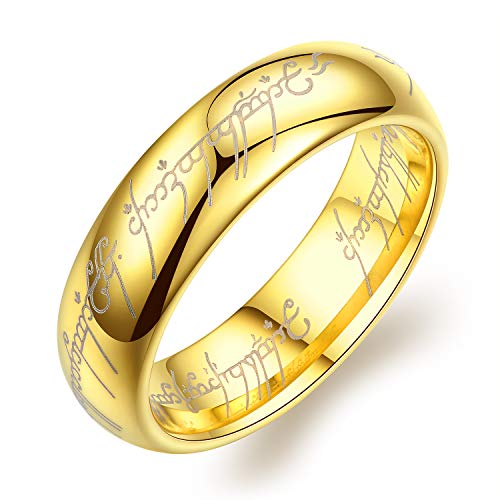 Engraved Wedding Band for Men by Ginger Lyne | Gold Tungsten Carbide Wedding Ring for Women or Couples |4mm or 6mm Heavy Comfort Fit Eternity Ring | Fantasy Bridal Jewelry for Him or Her