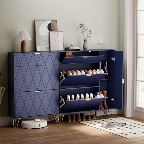 UEV Zapatero Ahorrador de Espacio con 3 Puertas Abatibles, Entrada de Zapatero, Zapater para 16 Pares en Robusta Madera de Construcción, 105 x 24 x 120 cm, Azul