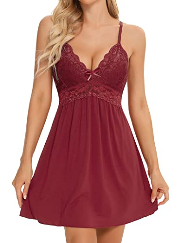 Ababoon Womens Sleepwear Lace Lingerie Chemises V Neck Full Slip Babydoll Nightgowns Sexy Sleep Dress Red