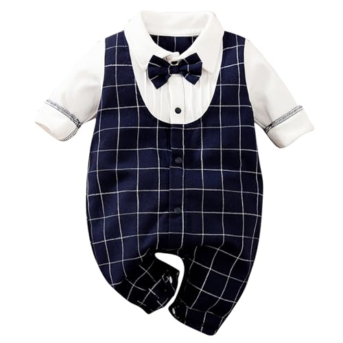 Image of HUAANIUE Newborn Baby Boys Gentleman Romper One Piece Long Sleeve Bowtie Outfit Formal Wear Tuxedo Suit