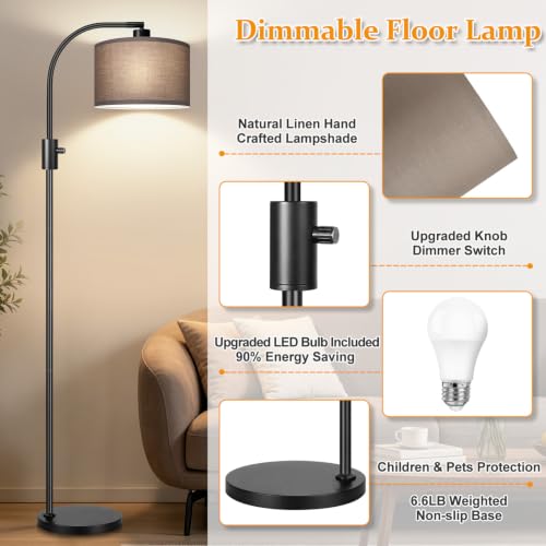 Image of Nintiue Dimmable Black Floor Lamp, 1200 Lumens LED Edison Bulb Included, Arc Gold Floor Lamps for Living Room Modern Standing Lamp with Khaki Shade