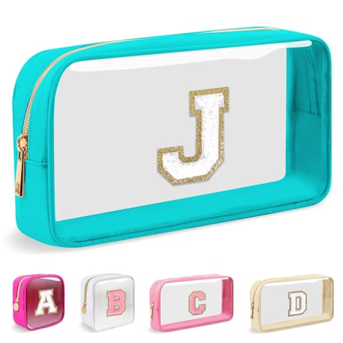 Mini Clear Personalized Initial Makeup Bag, Nylon Preppy A-Z Chenille Letter Patch Zipper Cosmetic Bag, Small Cute Pouch Travel Coin Purse Toiletry Bag, Small-Cyan, J