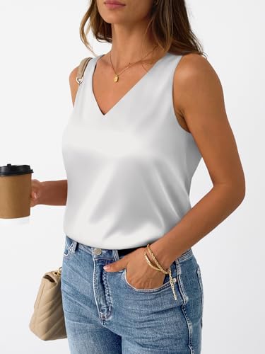 LILLUSORY Women Silk Satin Tank Top V Neck Summer Blouse Sleeveless Shirt Business Casual Dressy Outfit Vacation Clothes3