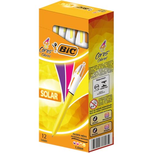 BIC, Caneta Escrita Média Retrátil, 4 Cores Fashion Solar, Corpo Amarelo, 12 Unidades