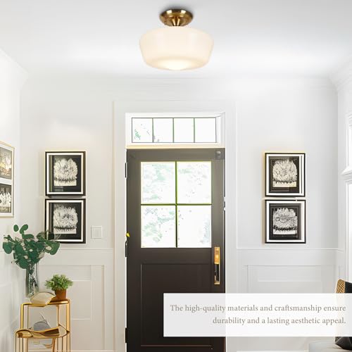 Schoolhouse Style Semi Flush Mount Ceiling Light Fixture, 12" Modern Gold Hallway Ceiling Lamp with Opal Milk Glass Shade Brass, Farmhouse Globe Light for Bedroom Kitchen Hallway Entryway Laundry by Rosient - Image 7