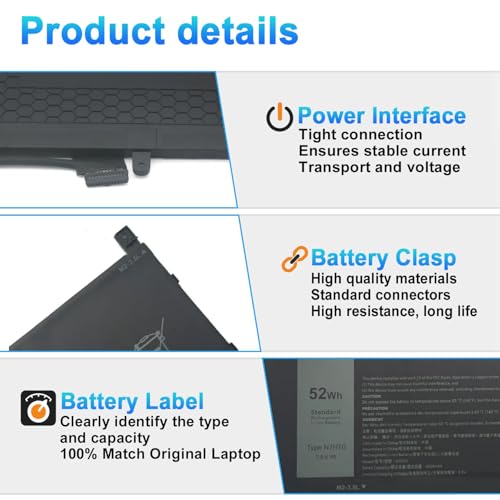 Image of N7HT0 Laptop Battery for Dell Latitude 9510 9520 /9520 2-in-1 | P94F P95F P95F001 P94F001 Series TVKGH V5K68 N2NLL 08NFC7 N2NLL N7HTO 0PKW00 7.6V 52Wh 6500mAh 4-Cells (12 pin)