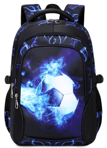 ADGBPE Boys Backpack School Bag Secondary Rucksacks Teenage Student Durable Heavy Duty Large Kids Bookbags Waterproof (5-Blue Football)