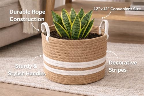 Image of RUGSZONE Jute & Cotton Big Size Basket for Storage, Clothes, Kitchen (1 Piece with Handle, Beige-White, 35x30 cm) - Round Woven Handcrafted Basket for Toys, Wardrobe, Plants (Medium 12x12)