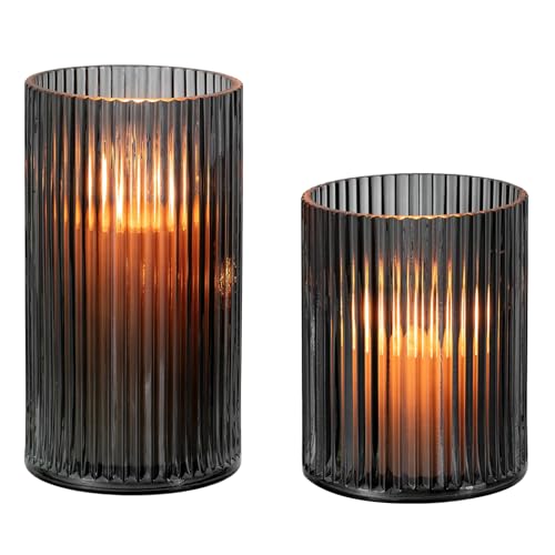 Glasseam Juego De 2 Portavelas De Cristal con Forma De Farol, Color Negro, para DecoracióN De Mesa, Cilindro De Cristal para Velas, Moderno JarróN, Farol para Exterior, para DecoracióN De SalóN